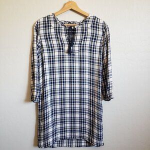 Madewell Artiste Plaid Tunic Shirt Dress Tassel Tie Navy/Black/White Women's XS